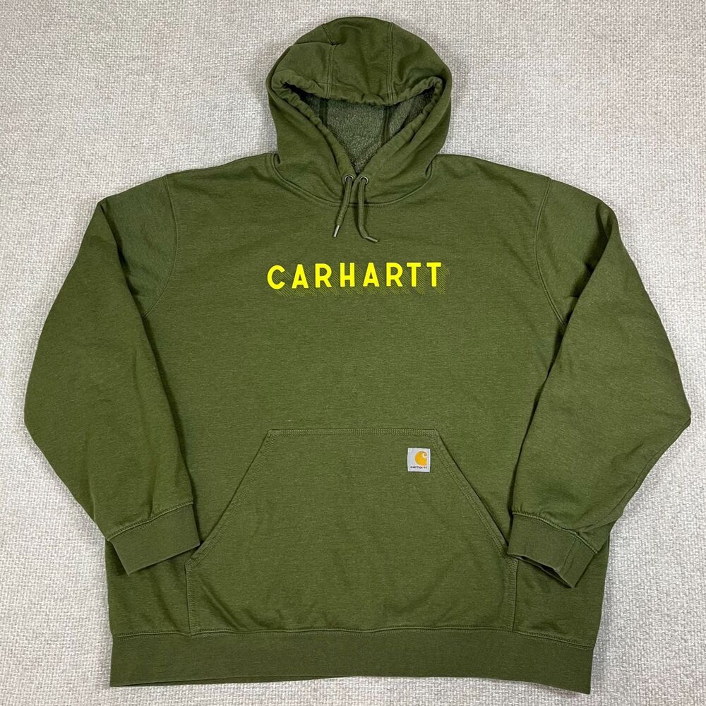 Carhartt Hoodie Rain Defender Men’s 2XL Green Pullover Workwear Spell Out Loose